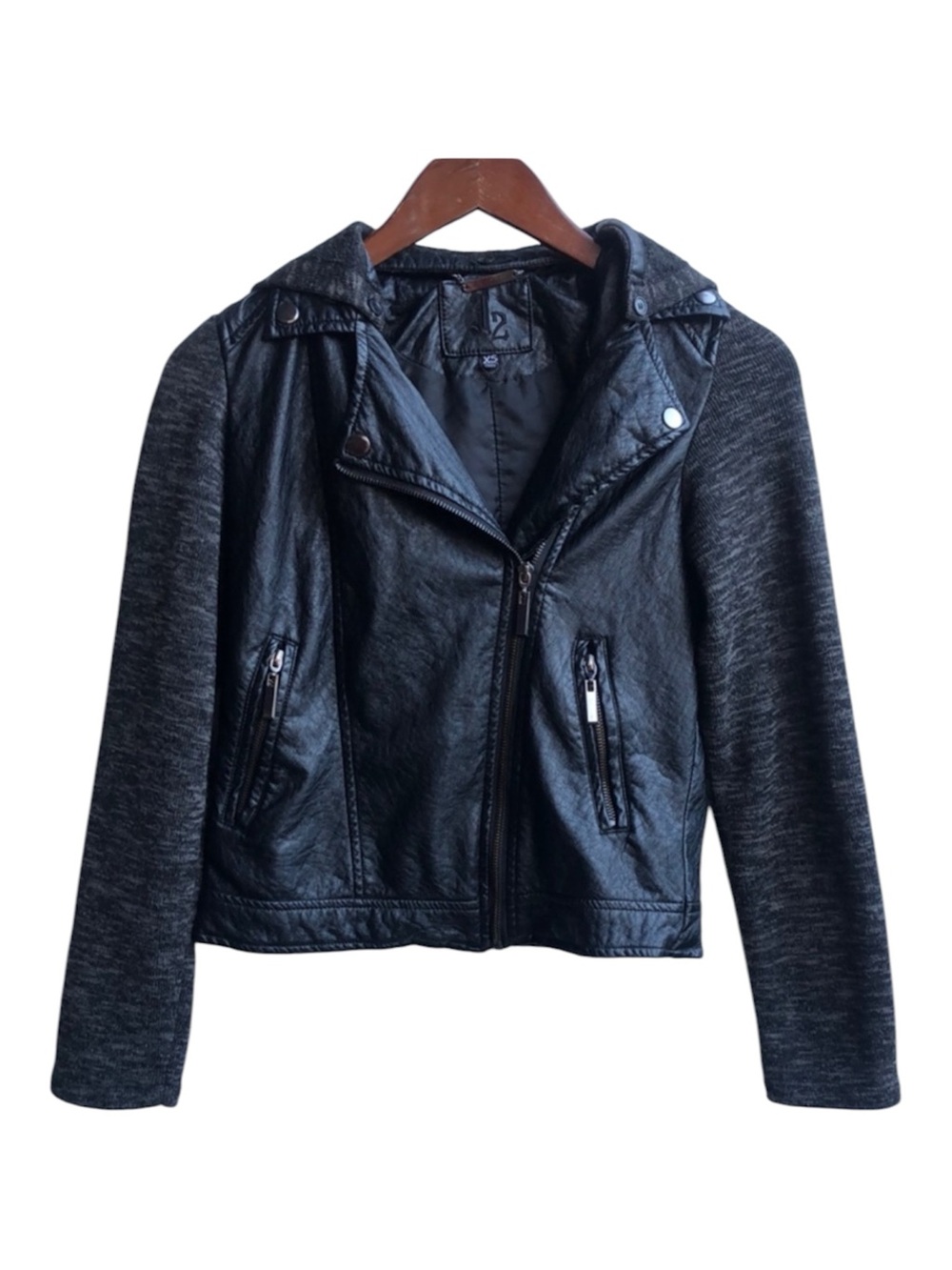 J2 Black Grey Faux Leather Moto Jacket Hoodie Asymmetrical Zip XS